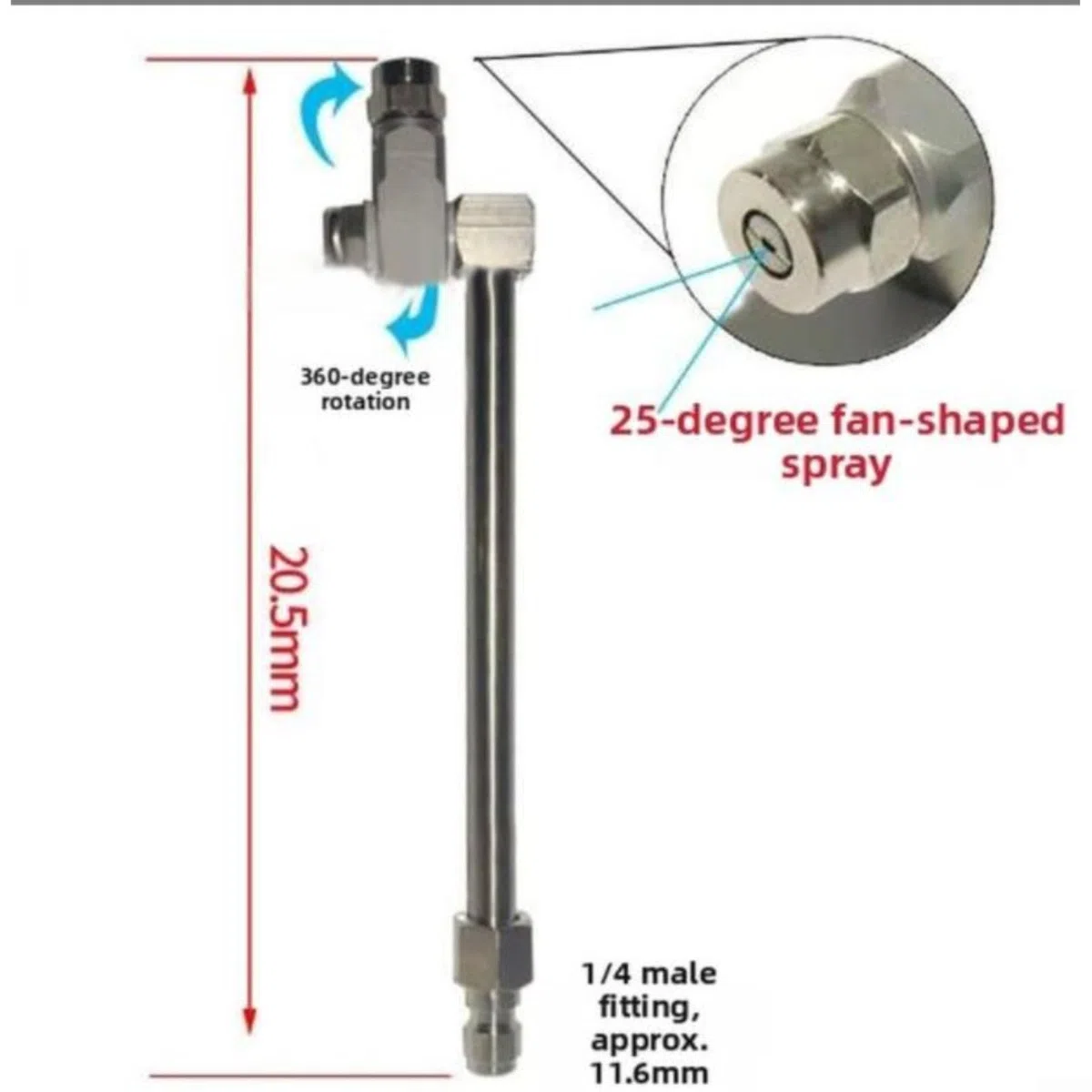 Boquilla de pulverización de acero inoxidable giratoria de 360 grados para limpieza HVAC, varita de chorro de agua de alta presión con ajuste de 1/4 pulgada para unidades de CA (A)