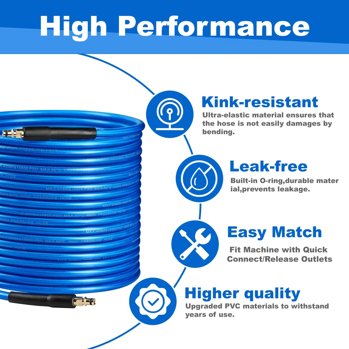 Manguera de repuesto para lavadora de alta presión de 30 m para Karcher K2 K3 K4 K5 K6 K7 Series Kit de limpieza de drenaje de manguera de extensión de conexión rápida azul 180 bar