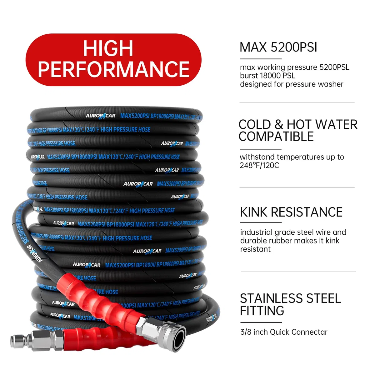 Manguera de lavado a presión de 3/8 pulgadas de 100 pies, resistente a torceduras, manguera de lavado de alta resistencia trenzada de alambre para agua caliente y fría con 2 piezas M22-14 mm, kit de