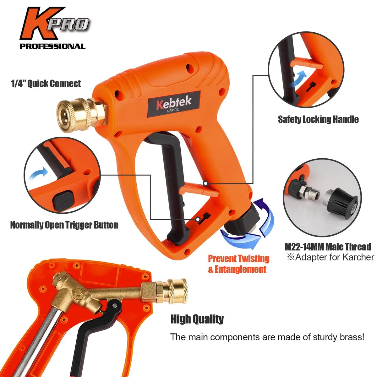 Kebtek Pistola de lavado a presión y lanza de espuma de nieve de 1 litro, compatible con pistola Karcher Stubby 5200PSI con entrada giratoria, M22-14 mm, conector rápido de 1/4 pulgadas para lavado de