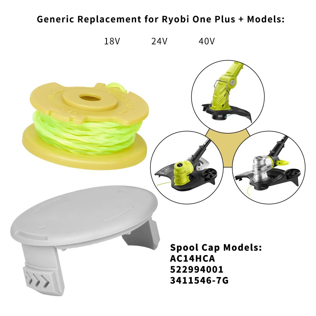 Weed Wacker - Cable trenzado de repuesto para desbrozadora inalámbrica Ryobi 18V, 24V y 40V (6 bobinas, 1 tapa)