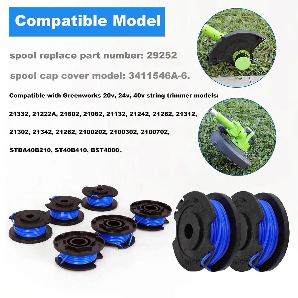 JOYCOLY Paquete de 8 bobinas de repuesto compatibles con Greenworks 80 V, 40 V, 24 V, 29252 .065 pulgadas, bobina de cuerda de alimentación automática con 1 tapa