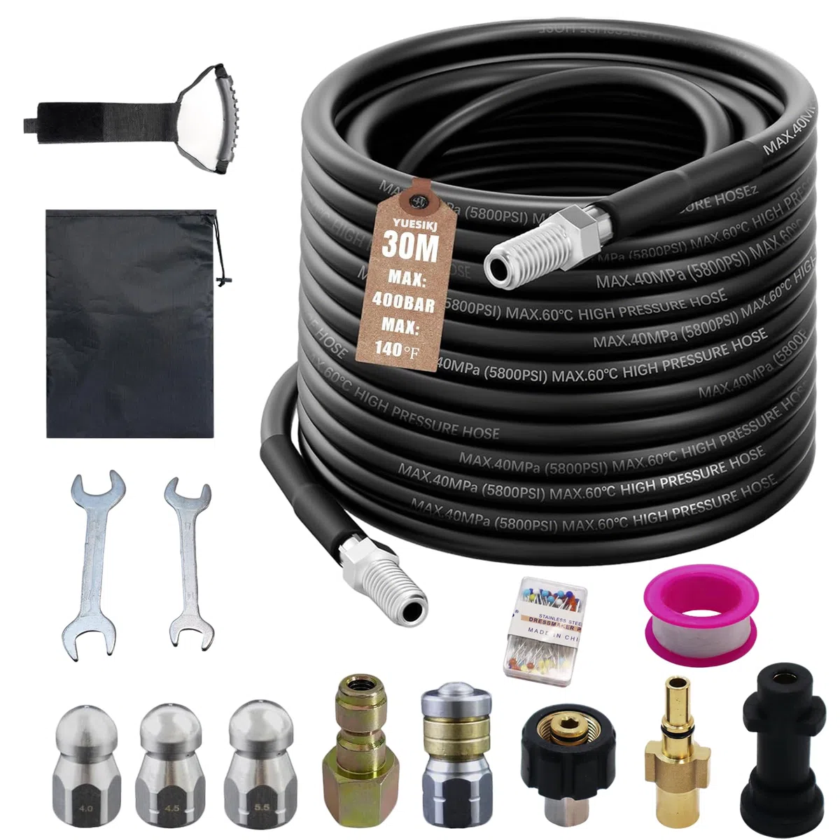Juego de manguera de limpieza de tuberías (30 m, 400 bar, 140 °C, con adaptador y boquillas, juego universal de limpieza de tuberías, compatible con Karcher k2-k7, limpiador de alta presión Bosch
