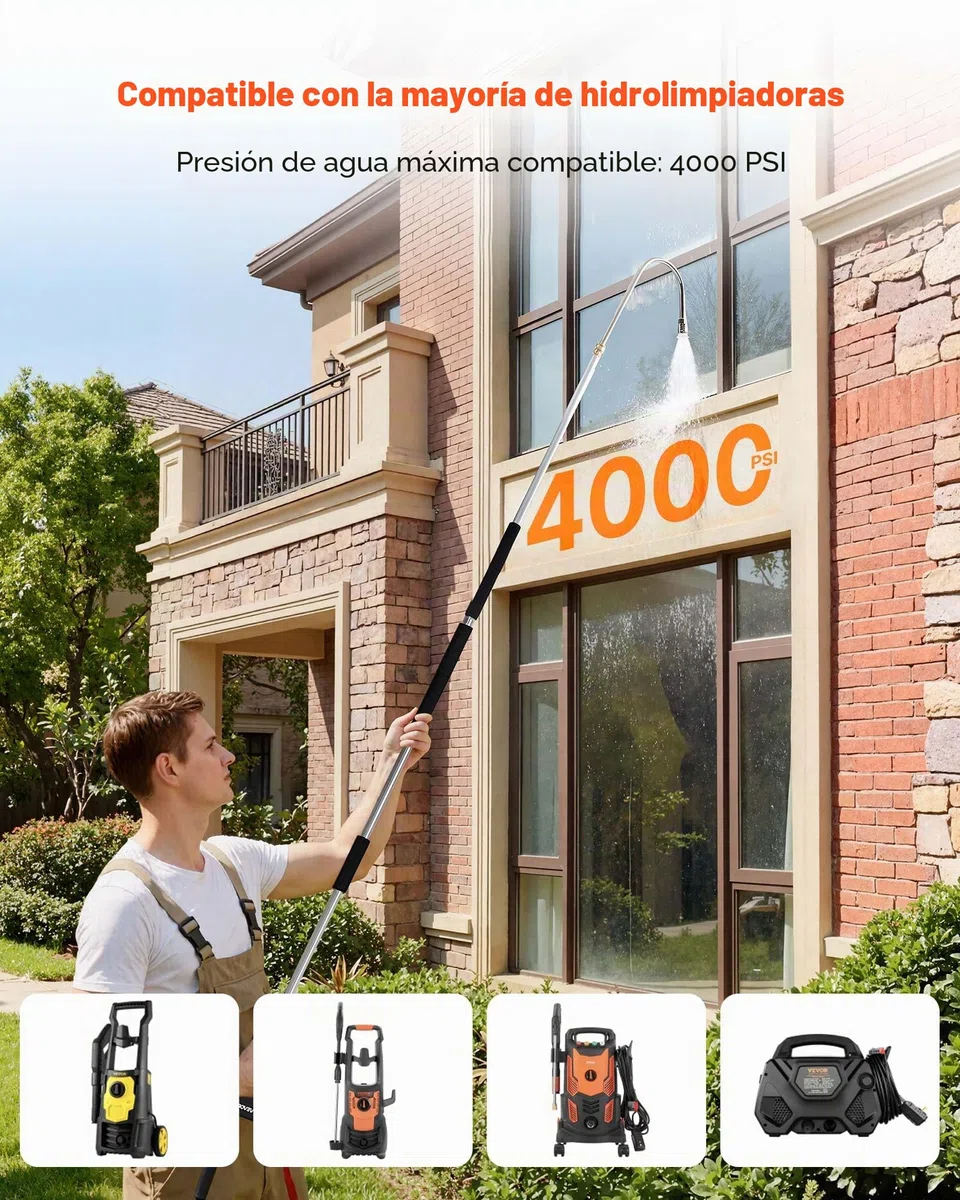 VEVOR Varilla Telescópica para Hidrolavadora 3 Secciones 2,74 m, Juego de Varilla de Extensión para Hidrolavadora 4000 PSI con 7 Boquillas, Adaptador de Manguera, para Limpieza a Alta Presión