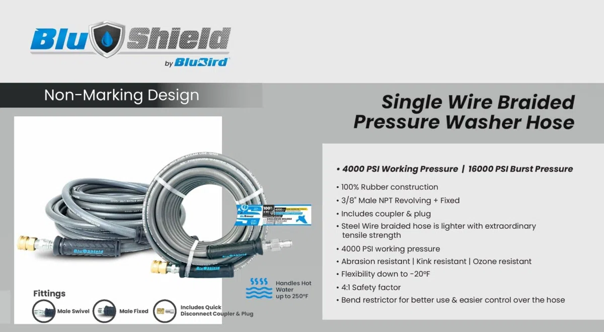 BluShield Manguera de lavado a presión con NPT de 3/8 pulgadas, agua fría y caliente, sin marcas, alambre de acero de alta resistencia, 4000 PSI (enchufe de pareja de 3/8 pulgadas x 100 pies sin