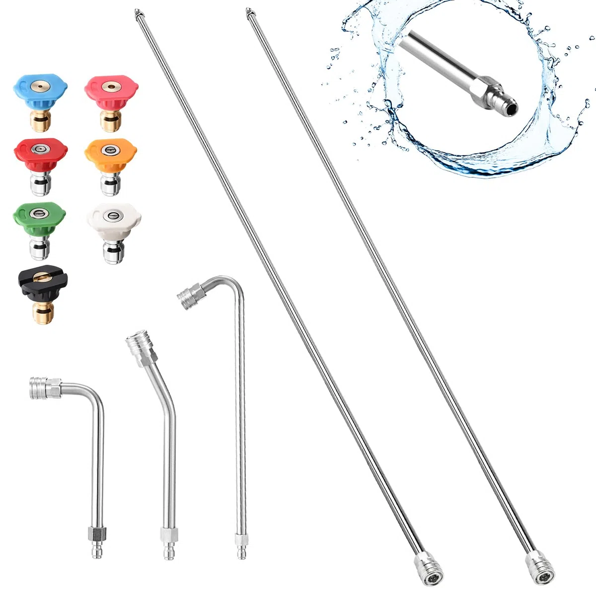 Selkie Varita de extensión para lavadora a presión, varita de extensión de lavadora eléctrica de 120 pulgadas con 3 lanzas de varilla curvada y 7 puntas de boquilla de pulverización, accesorio de