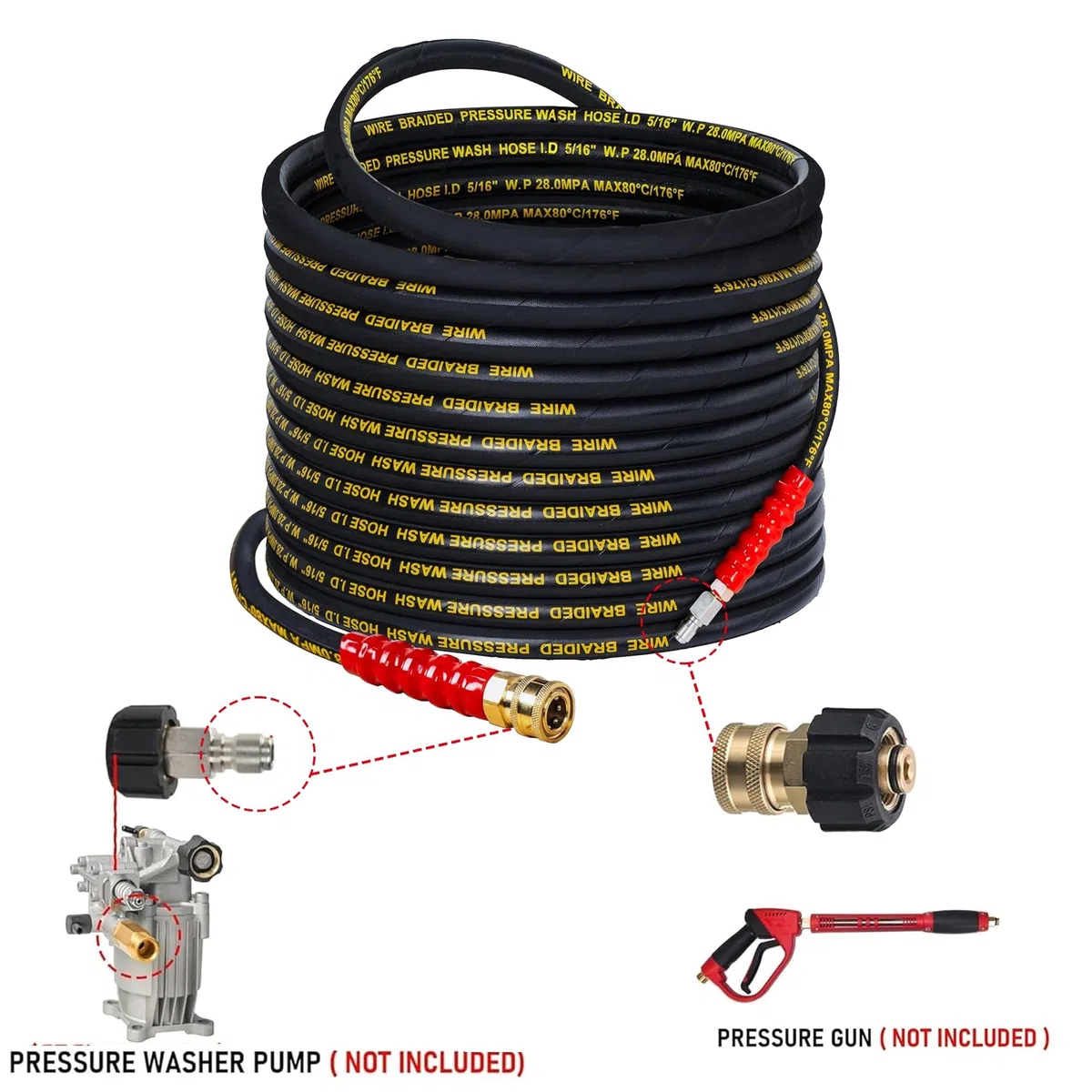 LIULO TOOL Manguera de lavado a presión de 50 pies con conexión rápida de 3/8 pulgadas, 4000 PSI resistente a torceduras de alambre de alta resistencia a la tracción, M22 de 14 mm a 3/8 pulgadas macho