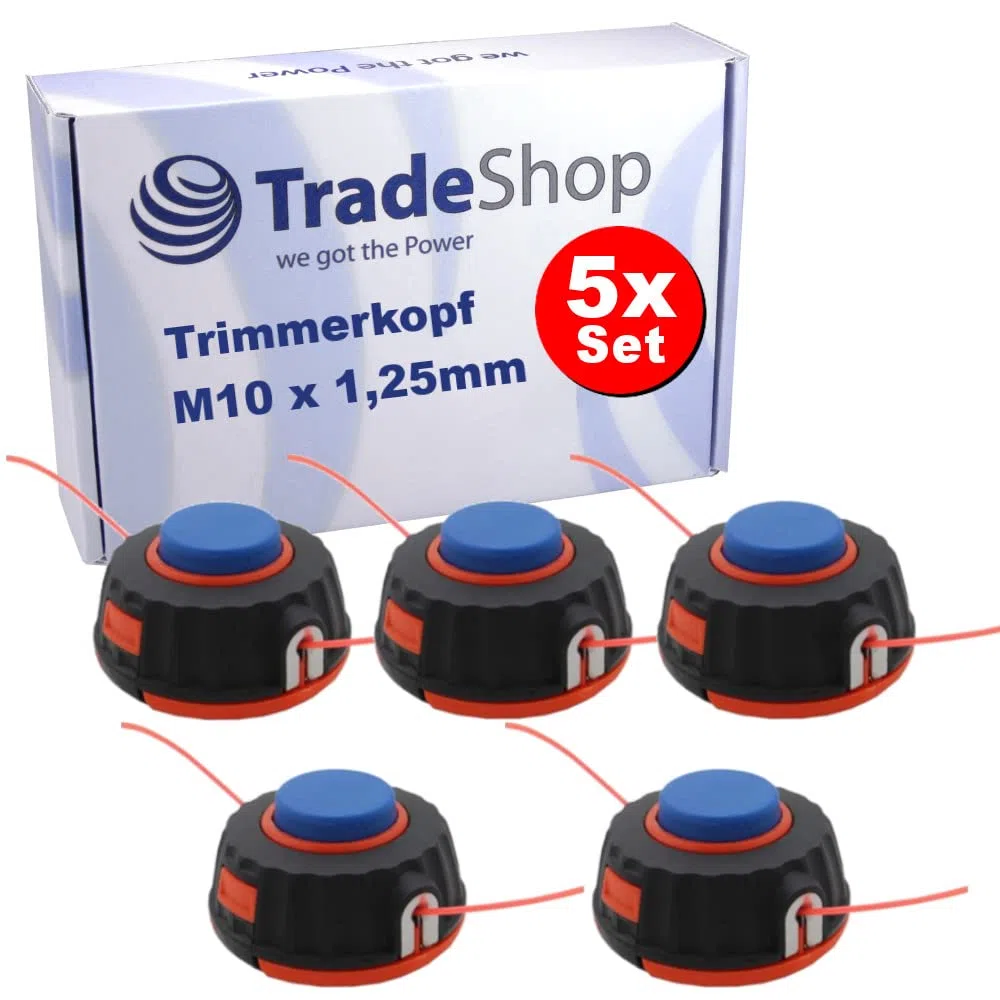 Trade-Shop - Juego de 5 cabezales de recortadora/cabezal de hilo M10 x 1,25 mm, rosca izquierda compatible con Dolmar Kawasaki Demon/desbrozadora para jardinería