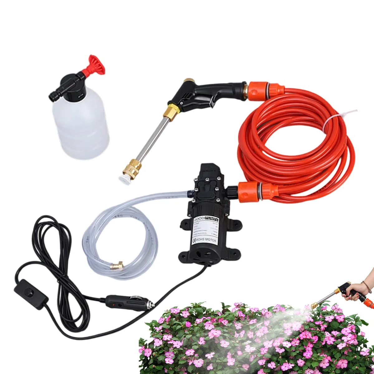Hidrolimpiadora Portátil Con Manguera Y Pulverizador Eléctrico De Limpieza | Kit Lavado Coches 12V con Depósito Espuma Para camiones, coches, exteriores, patios, jardines, paredes, suelos, limpiez