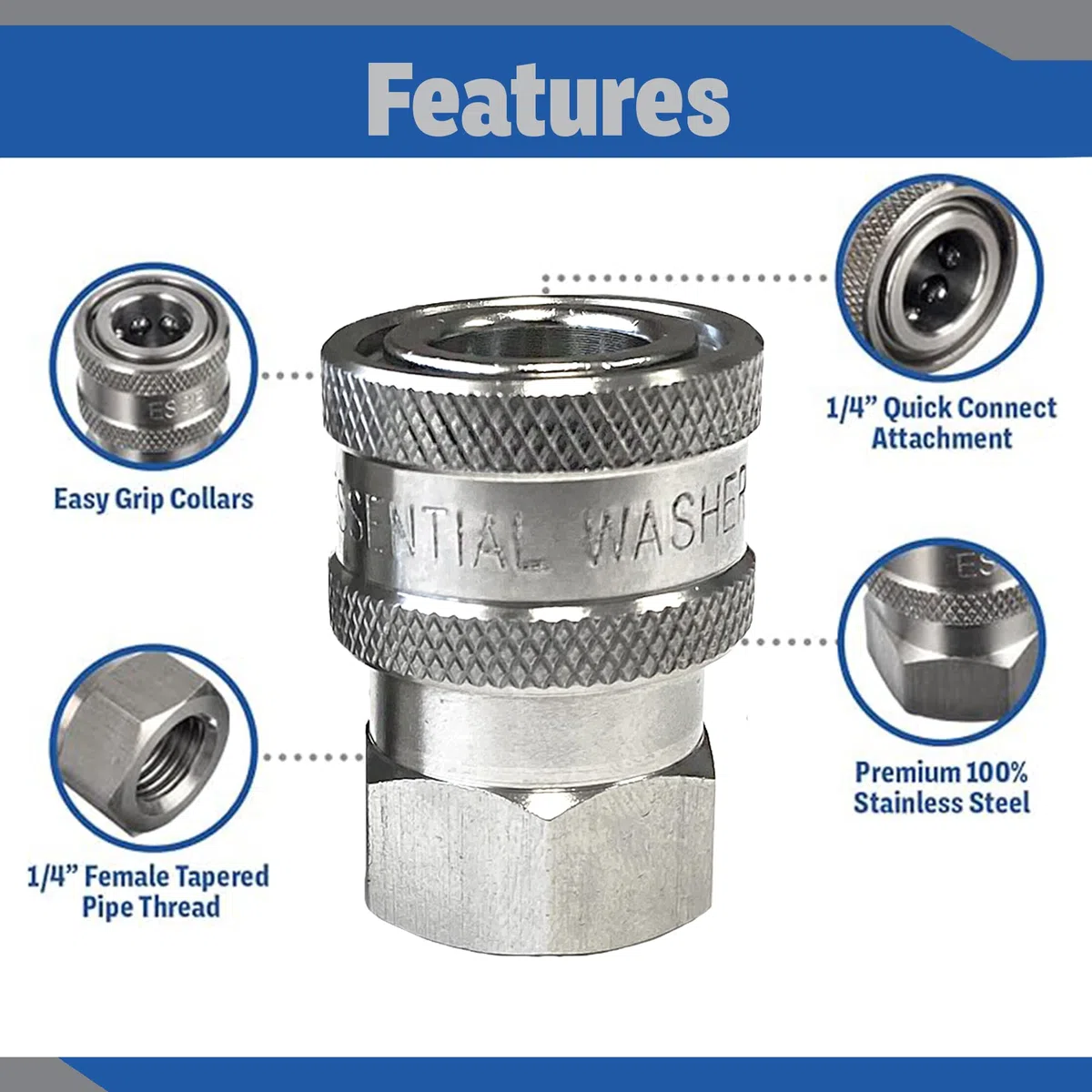 Essential Washer Conexión rápida NPT hembra de acero inoxidable de 0.6 cm | Accesorios de conexión rápida para lavadora a presión | 5000 PSI | Juego de 6