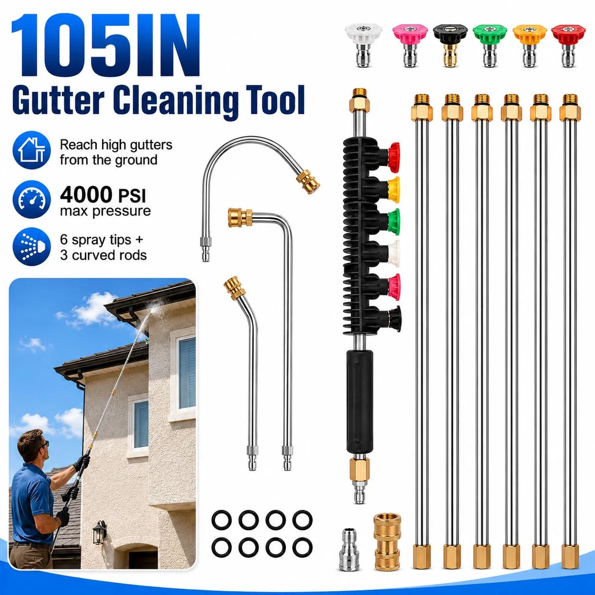 Varita de extensión para lavadora a presión para limpieza de canalones, 105 pulgadas, 4000 PSI, incluye 6 puntas de boquilla y 3 varillas curvas, conexión rápida de 1/4 pulgadas