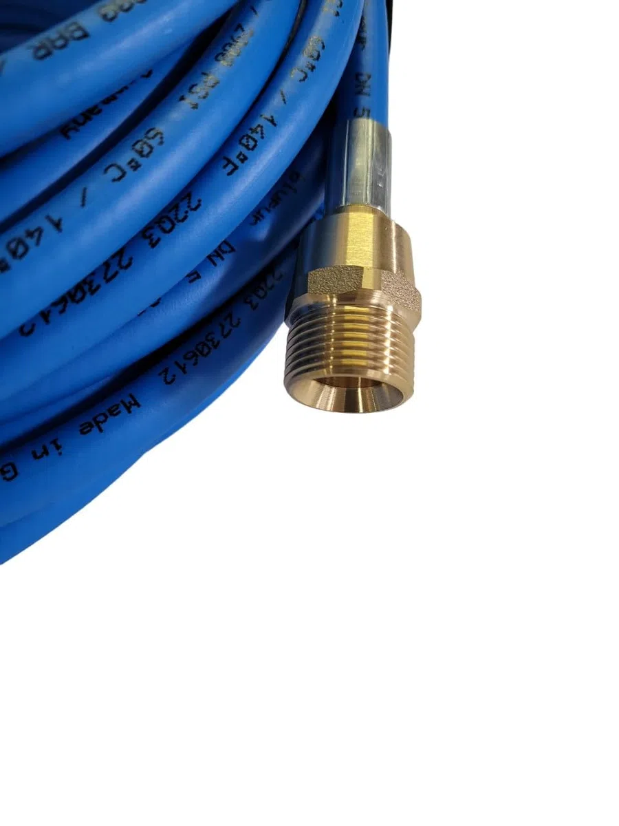 Manguera de limpieza de manguera azul compatible con lavadoras a presión Kränzle - Rosca macho M22 x 1,5 - Con boquilla de 4 vías RR - 3 en la parte posterior y 1 en la parte delantera - Presión