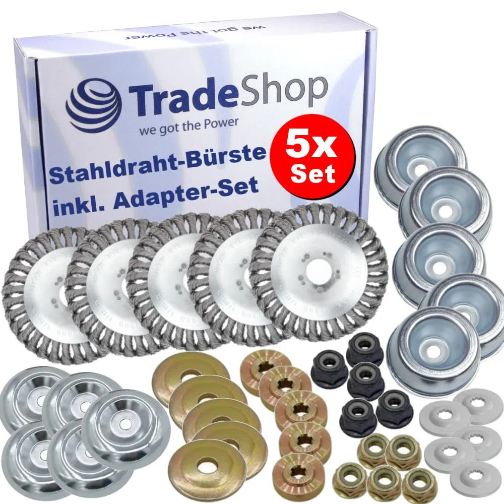 Trade-Shop - Juego de 5 cepillos de alambre de acero de 150 mm, incluye juego de adaptadores (entre otros, tuerca de seguridad M10/M12) compatible con desbrozadora Honda UMK425 UMK435 UMK431