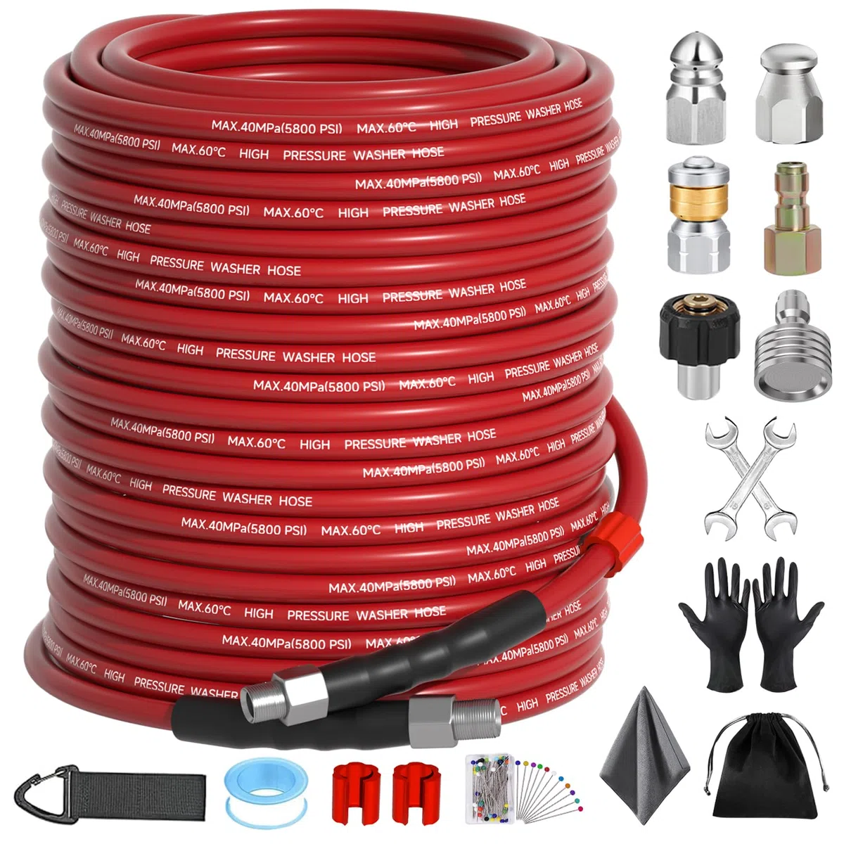 Kit de chorro de alcantarillado de 150 pies para lavadora a presión, manguera limpiadora de drenaje de 5800 PSI, NPT de 1/4 pulgadas con boquilla de pulverización, nariz de botón y boquilla giratoria