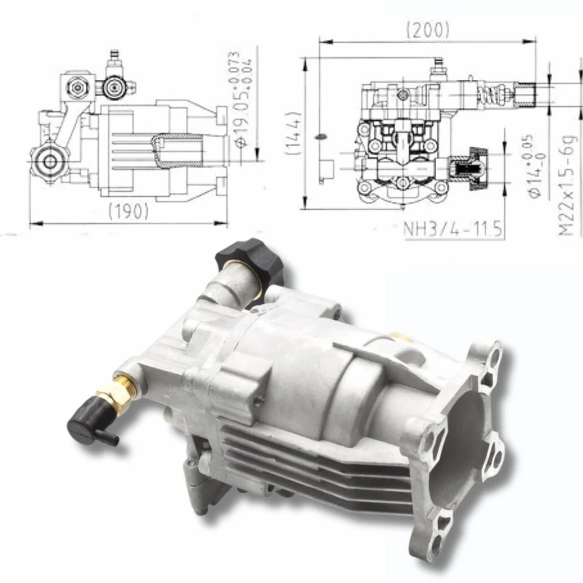 Bomba de Repuesto Horizontal para Hidrolimpiadora 3000 PSI (200 bar), 6.5 HP, Caudal 8.5 L/min, Cabezal de Aluminio, Bomba para Hidrolimpiadora Gasolina – WASPPER PA000-PW28/2.5