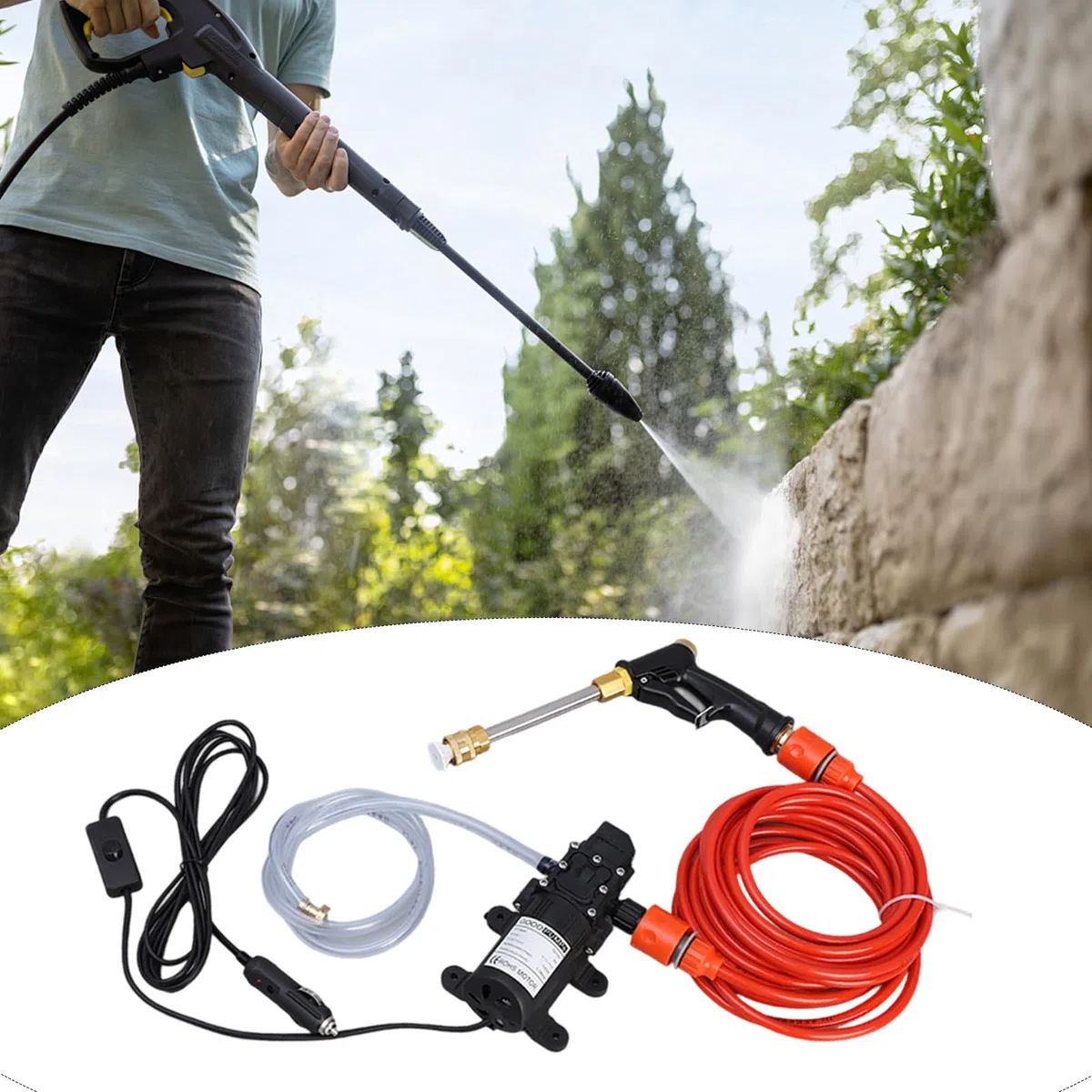 Hidrolimpiadora Portátil Con Manguera Y Pulverizador Eléctrico De Limpieza | Kit Lavado Coches 12V con Depósito Espuma Para camiones, coches, exteriores, patios, jardines, paredes, suelos, limpiez