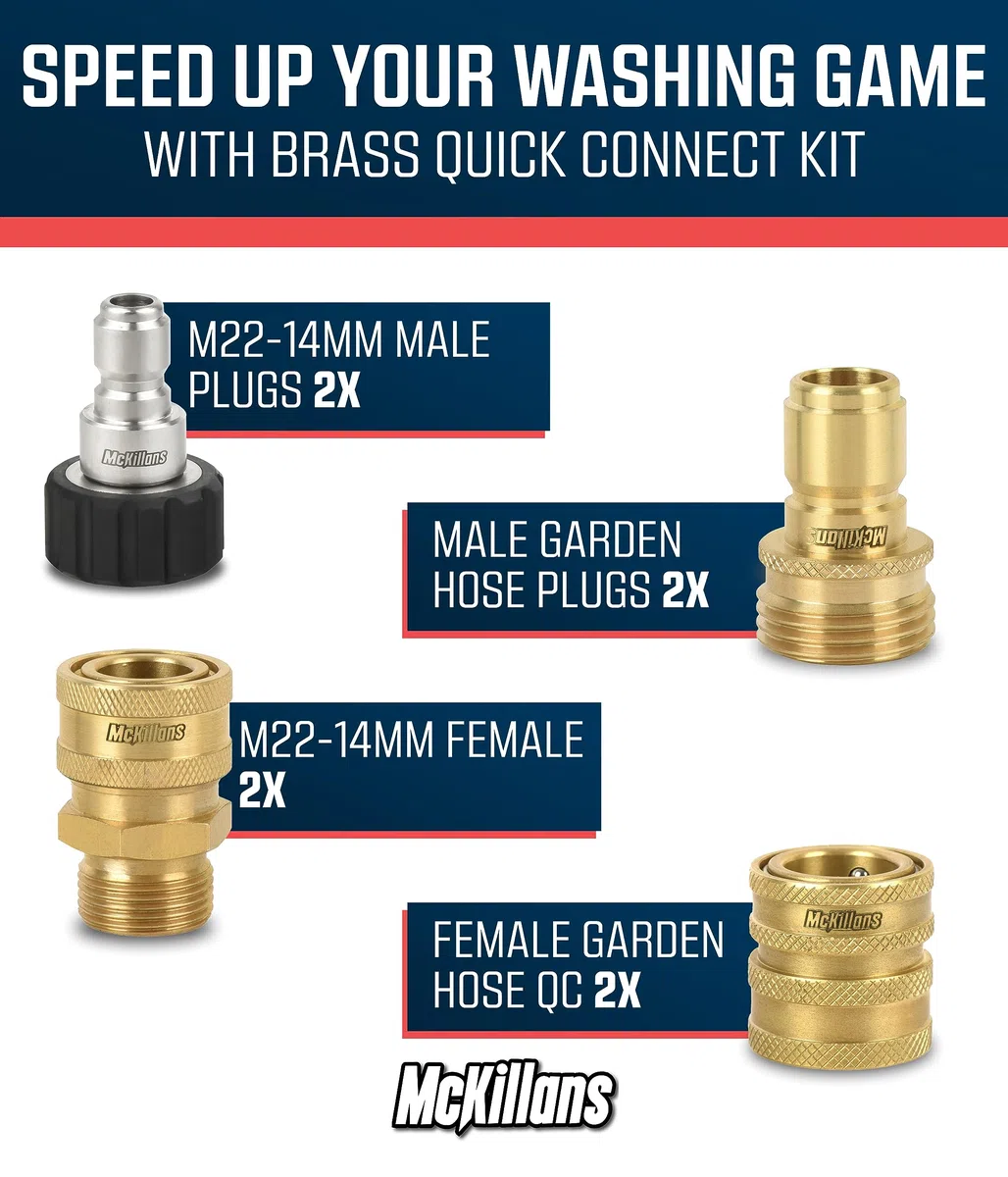 McKillans Kit de conexión rápida de lavadora a presión, M22-14 mm a 3/8 pulgadas macho hembra kit de desconexión rápida para lavadora eléctrica (latón)