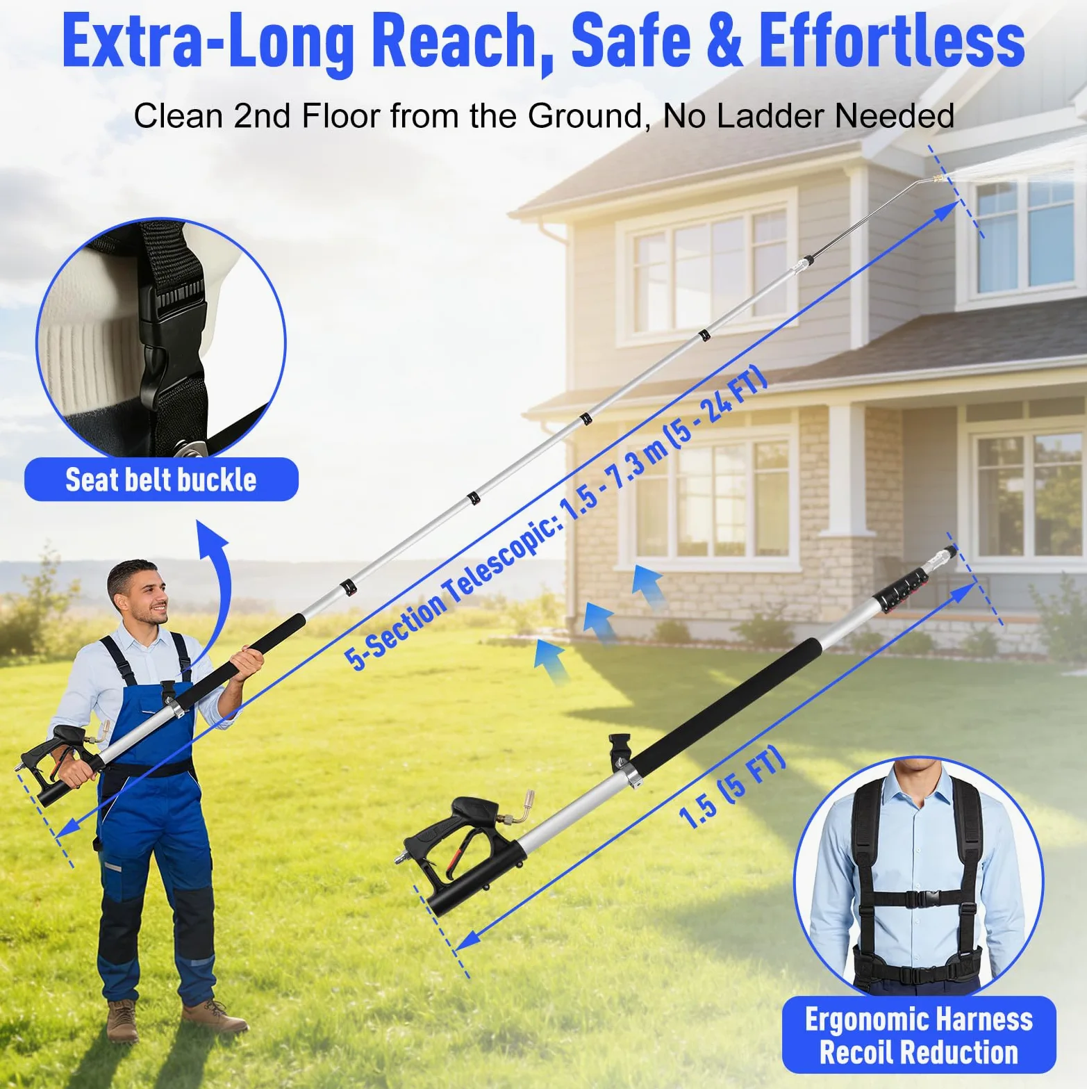 Lanza Telescópica para Hidrolimpiadora 7,3 m con Kit de Boquillas y Cepillo | Lanza Hidrolimpiadora con Arnés de Soporte, Extensión Hasta 1,5 a 7,3 m, Compatible 2000-4000 PSI para Coches, Patio, Terraza