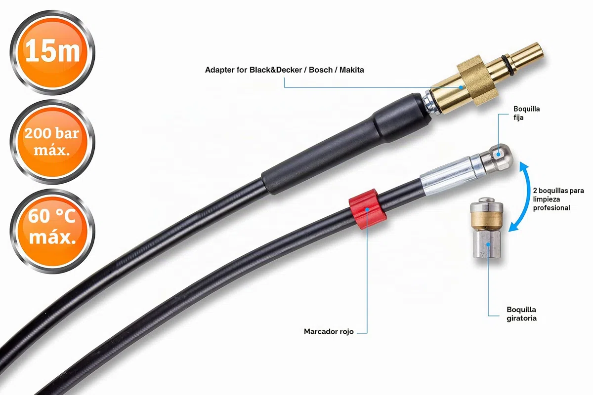 Desatascador de Tuberias para Hidrolimpiadora 15m, 200 bares - Manguera de Limpieza compatible con Bosch, Black+Decker, Nilfisk, Makita - Boquilla Fija, Boquilla Giratoria KNOFER