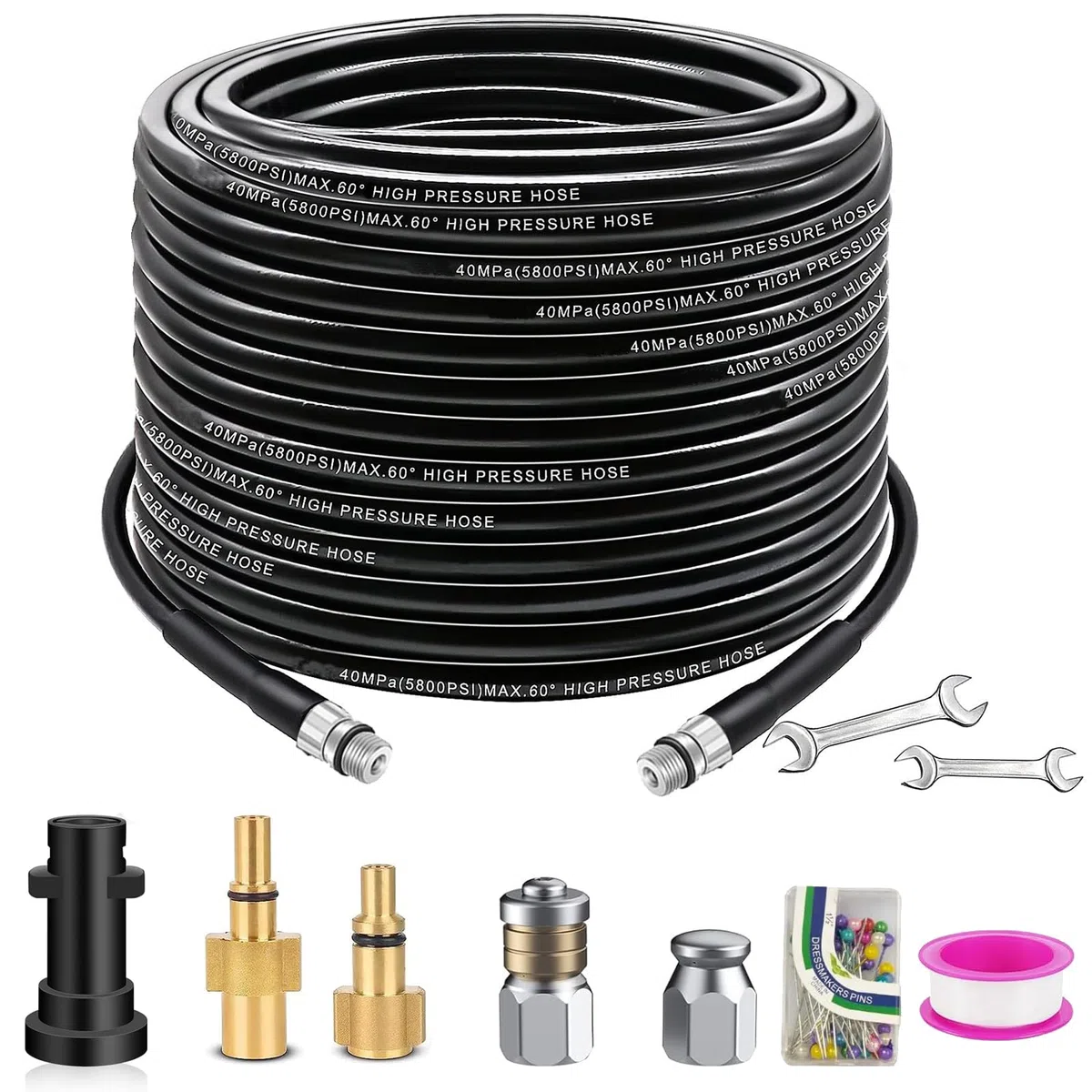 Kit de limpieza de manguera de bloqueo de alcantarillado de 15 m, compatible con Karcher Kärcher, Bosch, LAVOR, manguera limpiadora de drenaje de alta presión de 180 bar/5800 PSI con boquilla