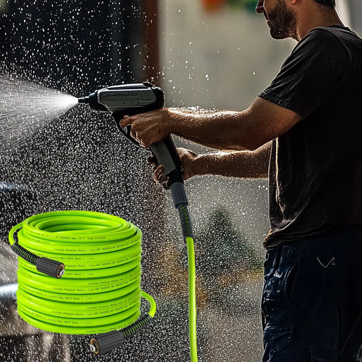 Hourleey Manguera de lavado a presión de 100 pies, 3600 PSI, flexible, resistente a torceduras, repuesto de manguera de presión de conexión rápida de 1/4 pulgadas, color verde