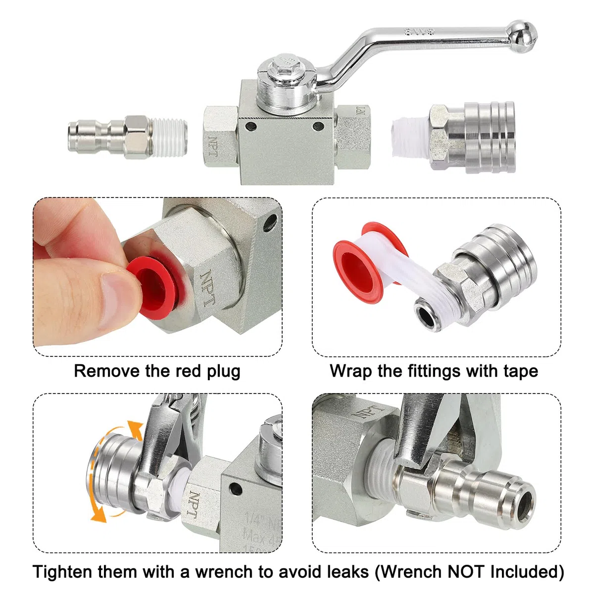 PATIKIL Kit de válvula de bola de lavadora de alta presión, manguera de arandela de acero inoxidable con cintas de conexión rápida de 1/4 pulgadas para manguera de lavadora eléctrica, presión de 4500