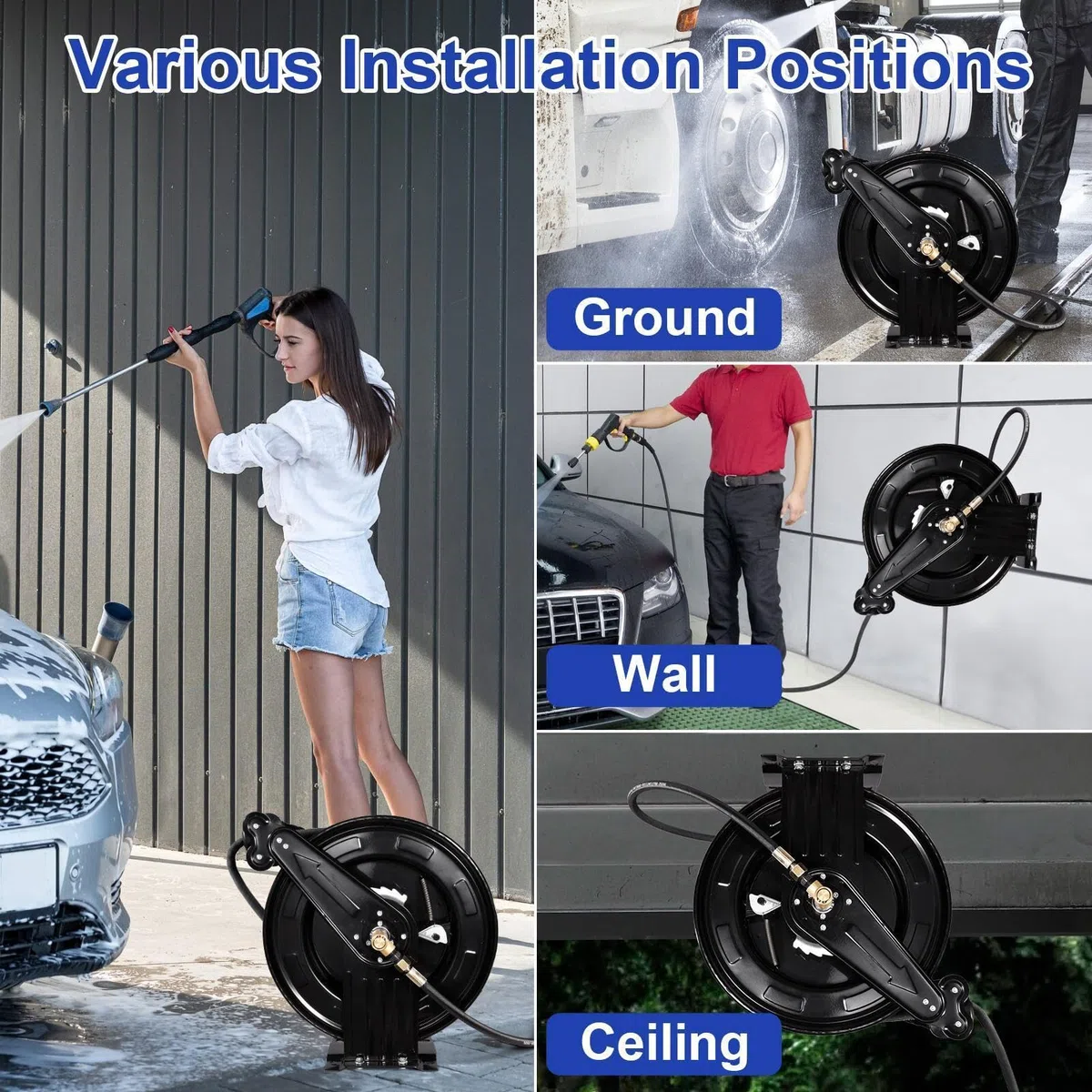 Carrete Manguera Hidrolavadora Retráctil Auto Rebobinado Pared Techo Suelo | Carrete De Manguera De Jardín De Doble Brazo 275 Bar Rebobinado Automático Para Riego Limpieza Coches Mascotas