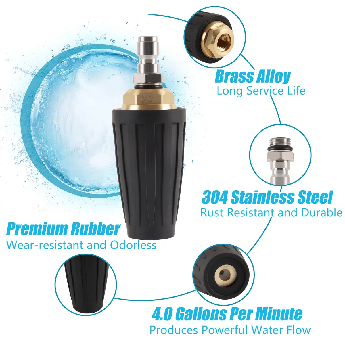 Boquilla turbo para lavadora de alta presión, boquilla turbo giratoria de 4000 PSI con 7 puntas de boquilla (0,15, 25, 40, 65 grados, jabón, enjuague) para limpieza (4.0 GPM)