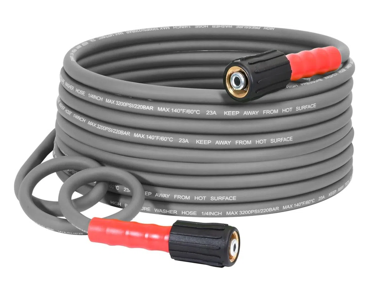 YAMATIC Manguera de lavado a presión súper flexible de 25 pies, 1/4 pulgadas, resistente a torceduras, repuesto para Flexzilla Uberflex Ryobi Troy Bilt Honda sin fugas, accesorios M22, 3200 PSI, gris