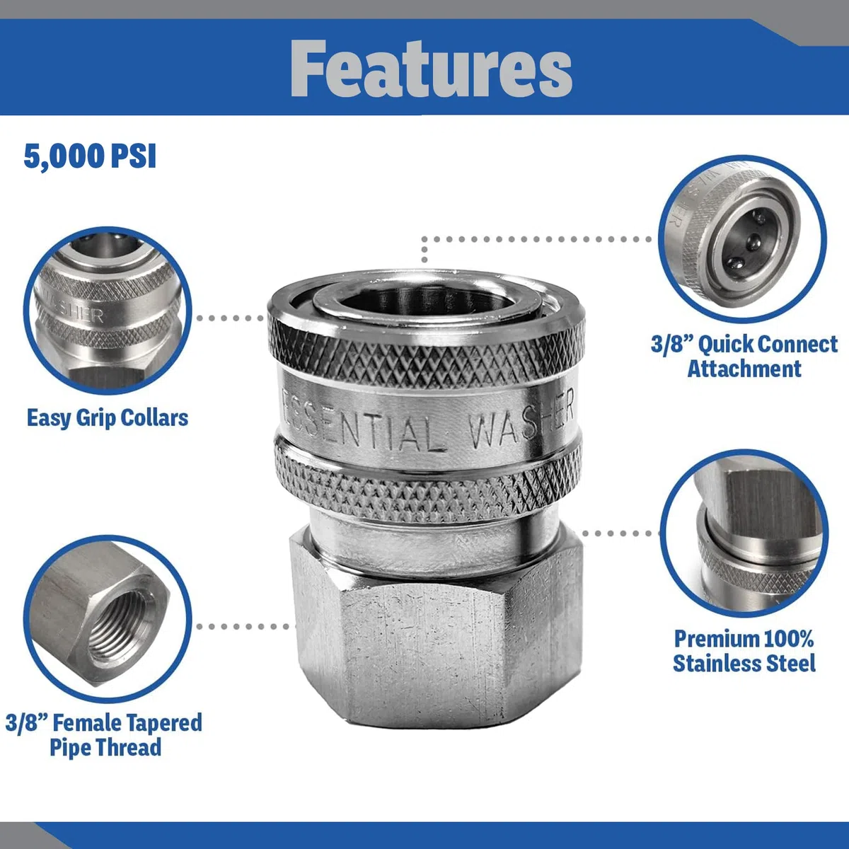 Essential Washer Acero inoxidable de conexión rápida NPT hembra de 1,5 cm | Accesorios de conexión rápida para lavadora a presión | 5000 PSI | Juego de 6