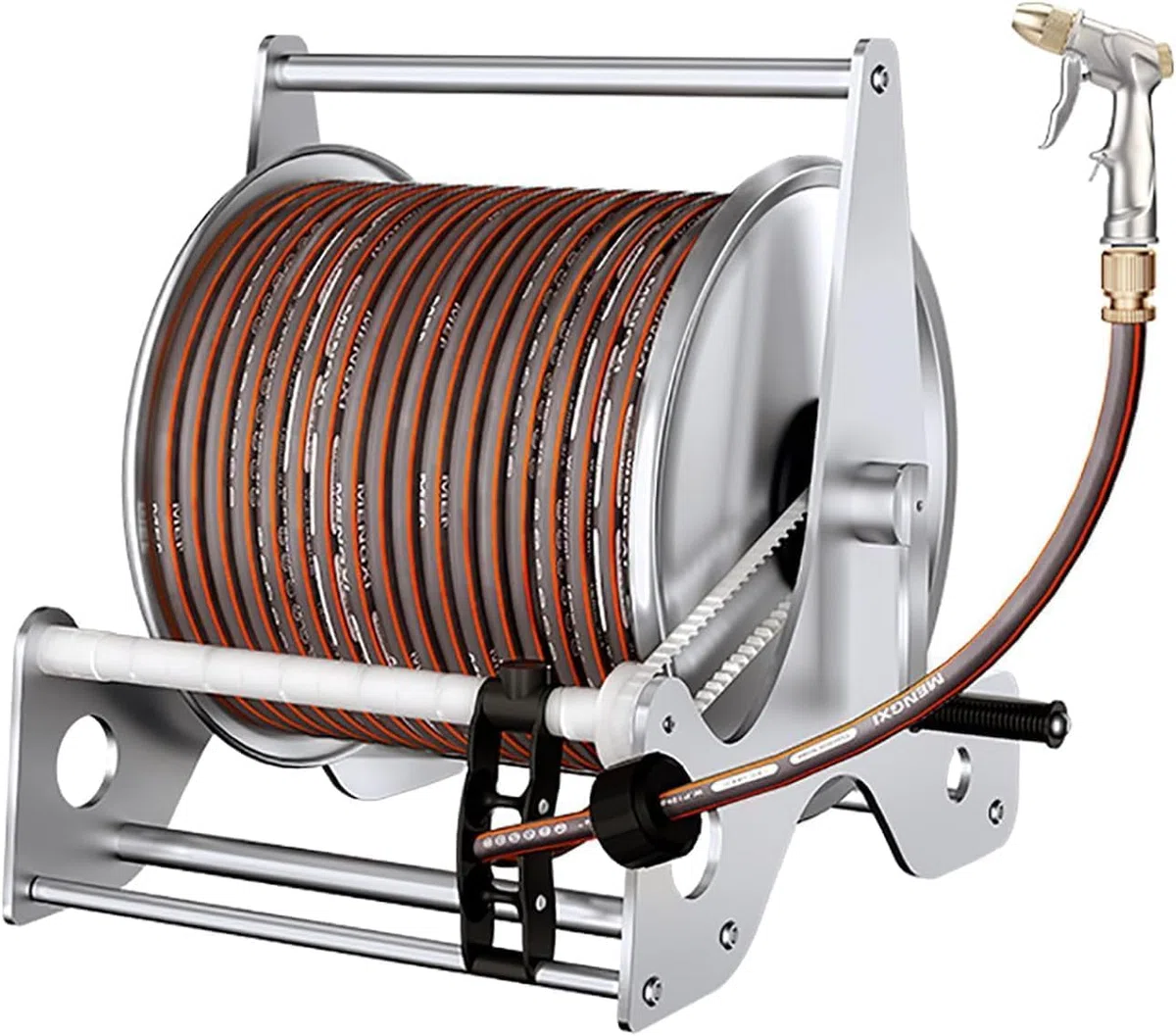 Carrete de manguera de jardín de acero inoxidable con manguera de 10-30 m, estante de almacenamiento portátil, boquilla de pulverización de metal para riego y limpieza, ideal para uso en exteriores