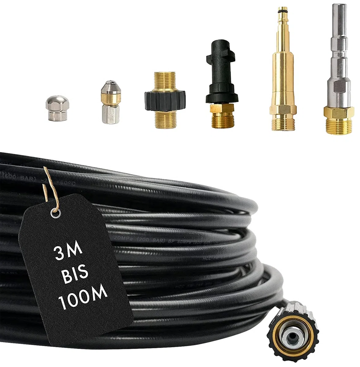 M&M Smartek manguera desatascadora 15 m, kit 7 piezas, para KEW/Nilfisk | Kit desatascador con manguera, adaptadores y boquillas según variante; comprobar conexiones, presión, contenido y equipo.
