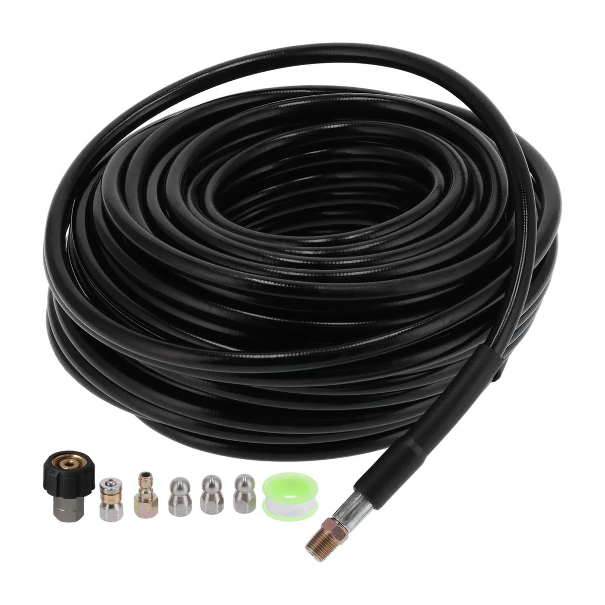 FTVOGUE Kit de Chorro de Alcantarillado para Lavadora a Presión, Manguera de Limpieza de Drenaje de Goma de PVC de 100 Pies, 5800 PSI con Boquillas de 3 Botones y Boquilla Giratoria para Drenaje