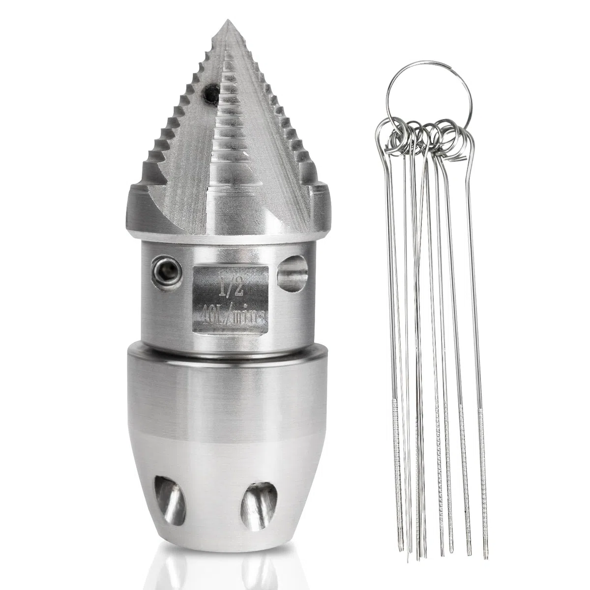 Bghdas Boquilla giratoria de chorro de alcantarillado NPT de 1/2, acero inoxidable, boquilla de limpieza de tuberías de drenaje para limpieza de lavadora a presión de 40 l/min (cabeza plateada)