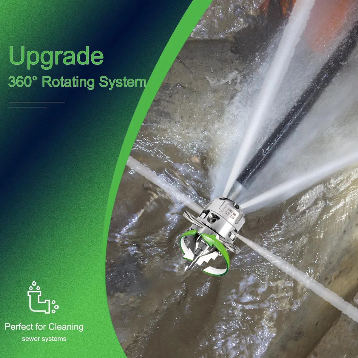 Boquilla giratoria de chorro de alcantarillado NPT de 3/8 – Cortar raíces, para lavadoras a presión de 2900 psi, 40 l/min (10.57 GPM), herramienta de limpieza de drenaje de acero inoxidable