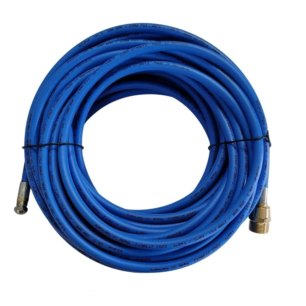 Manguera de limpieza de manguera azul compatible con lavadoras a presión Kränzle - Rosca macho M22 x 1,5 - Con boquilla de 4 vías RR - 3 en la parte posterior y 1 en la parte delantera - Presión