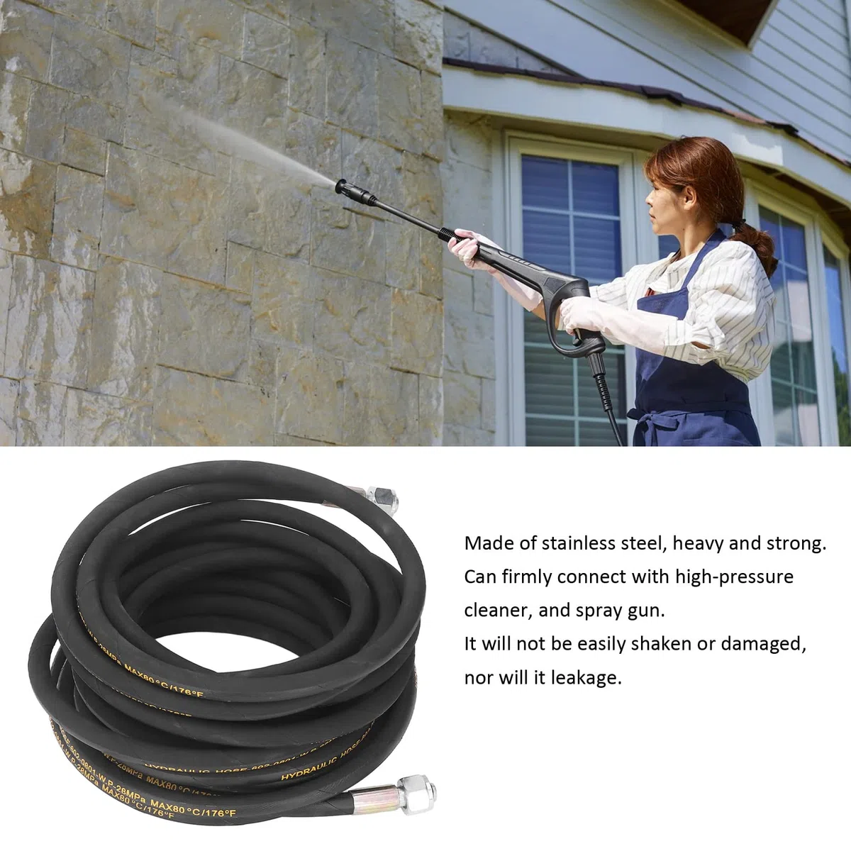 Manguera de lavado a presión de grado profesional 4061PSI M22 x 1,5 mm Manguera de limpieza de alta presión reforzada con caucho resistente con accesorios de acero inoxidab