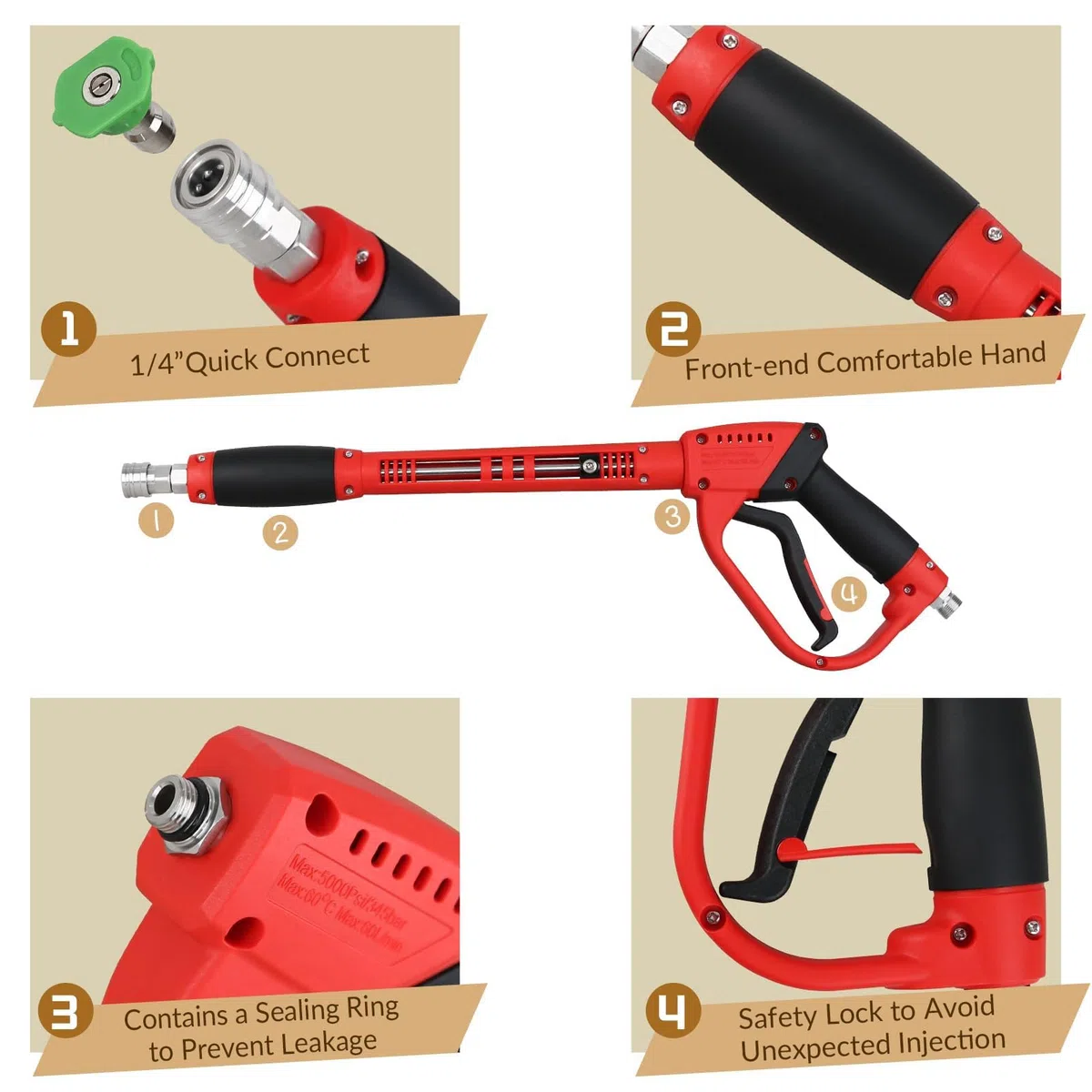 Walfront Juego de Varita de Extensión para Lavadora a Presión, Boquilla Rociadora con Punta de Lavadora de Alta Presión M22-14 5200 PSI 1/4 de Pulgada, Conexión Rápida para Limpieza de