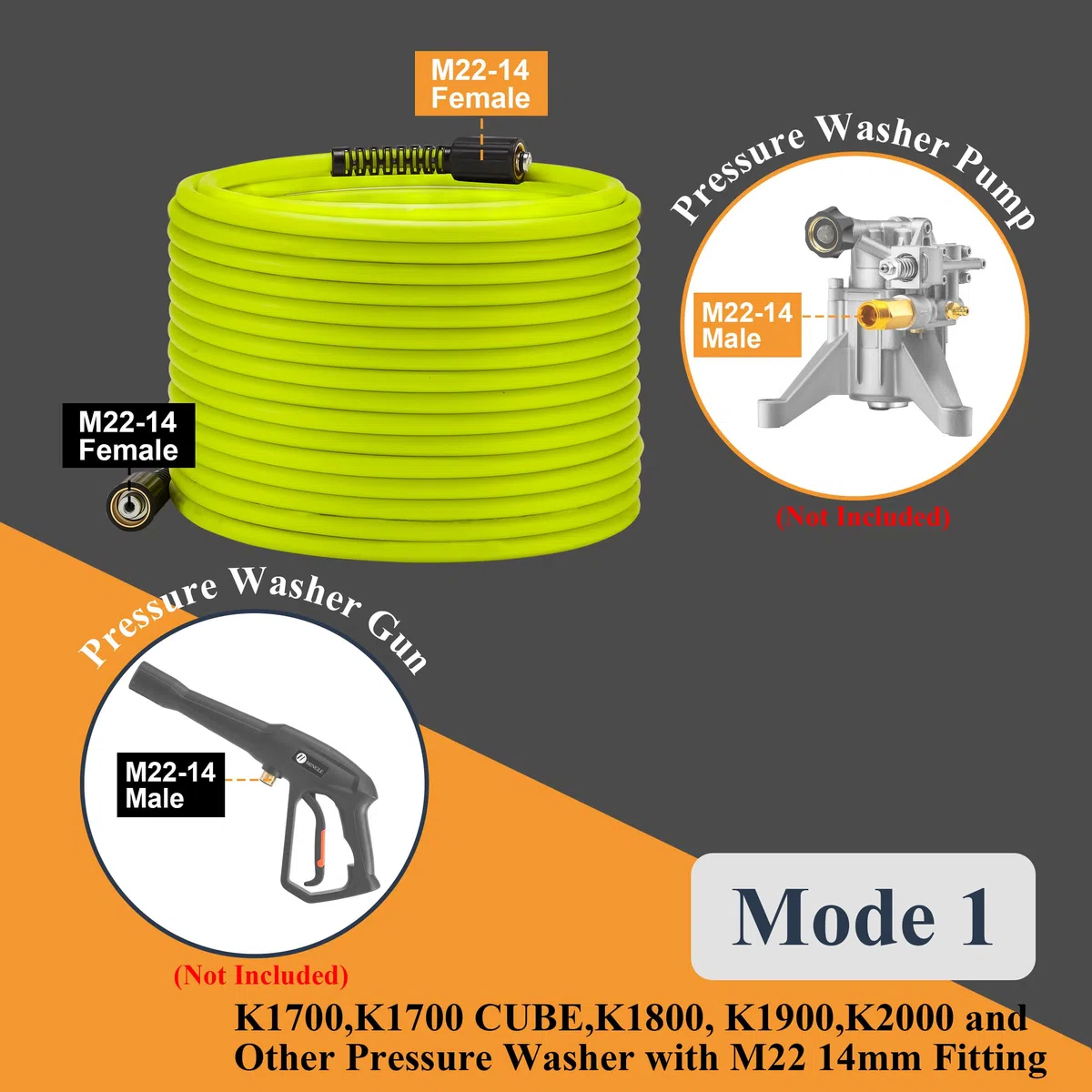 M MINGLE Manguera de lavado a presión de 50 pies x 1/4 pulgadas, resistente a torceduras, con rosca macho M22-14 a enchufe, compatible con Karcher K2 K3 K4 K5 K6 K7, 3600PSI
