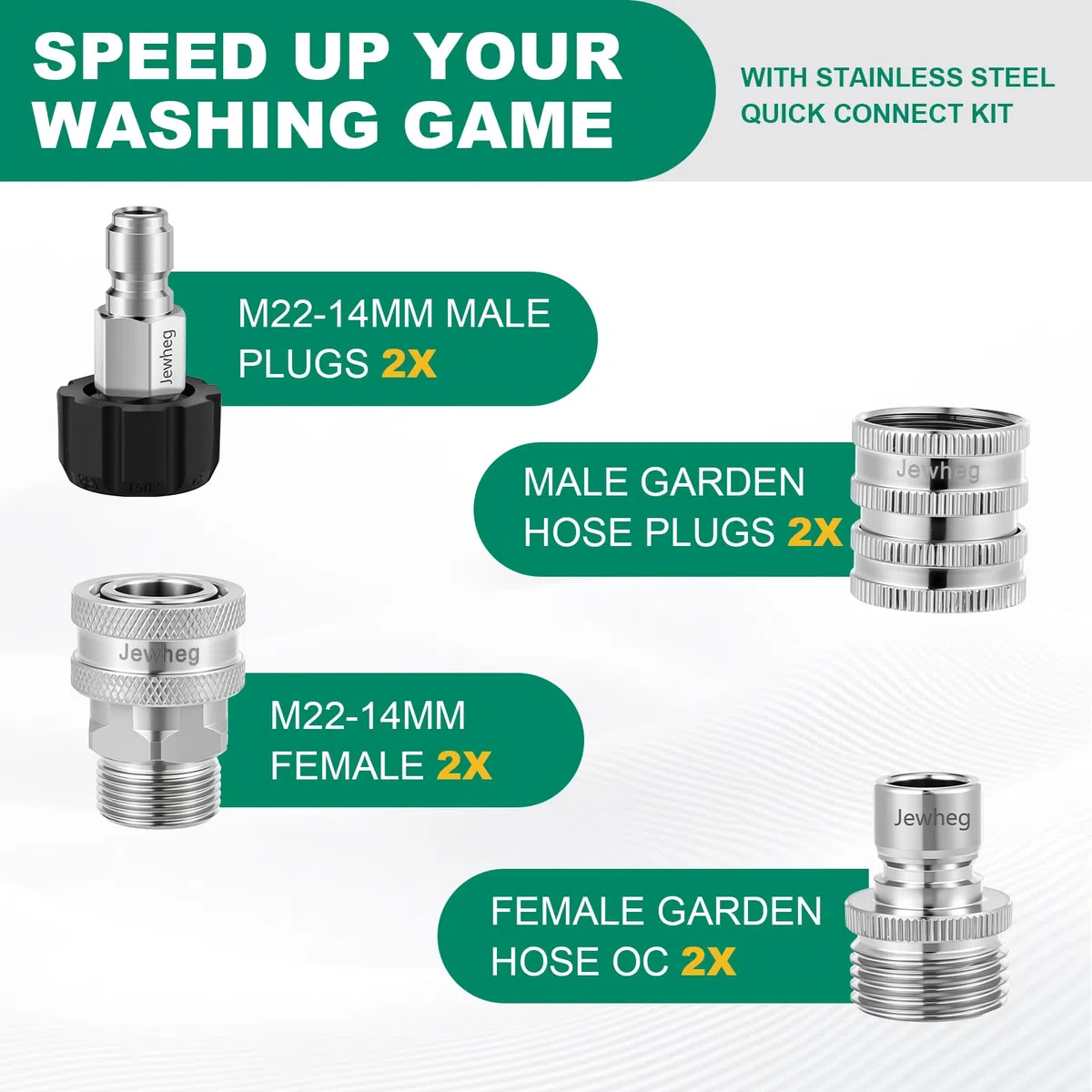 Jewheg Versión actualizada 2025, kit de conexión rápida para lavadora a presión, juego de adaptadores de lavadora a presión de acero inoxidable, giratorio M22 de 14 mm a 3/8 pulgadas, accesorios de