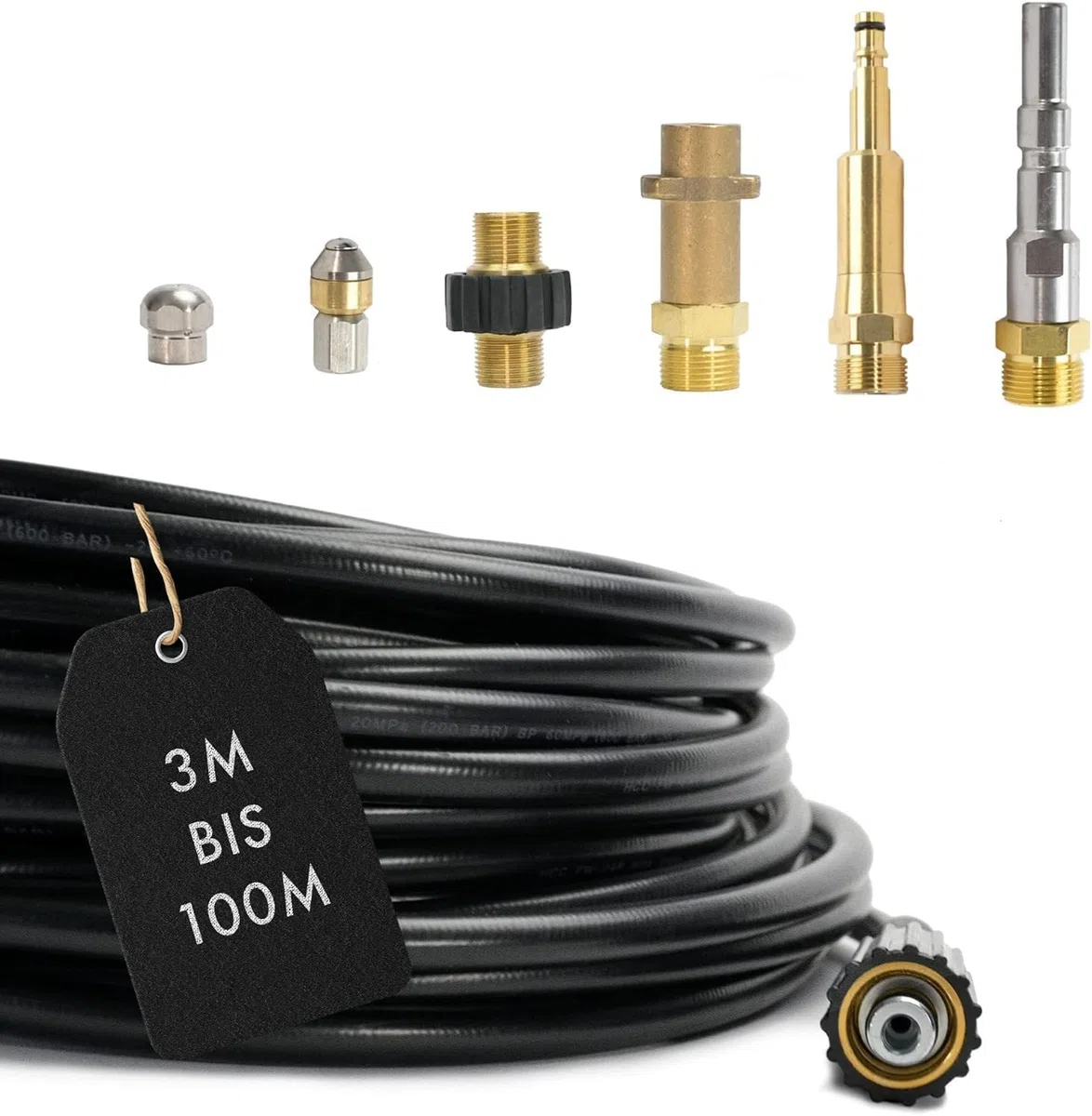 M&M Smartek manguera desatascadora 35 m, kit 7 piezas, para KEW/Nilfisk | Kit desatascador con manguera, adaptadores y boquillas según variante; comprobar conexiones, presión, contenido y equipo.