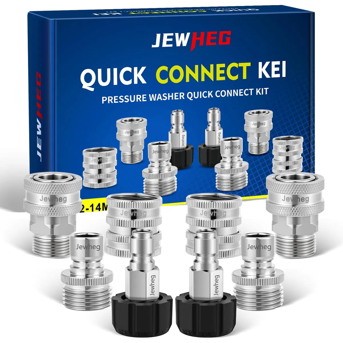 Jewheg Versión actualizada 2025, kit de conexión rápida para lavadora a presión, juego de adaptadores de lavadora a presión de acero inoxidable, giratorio M22 de 14 mm a 3/8 pulgadas, accesorios de
