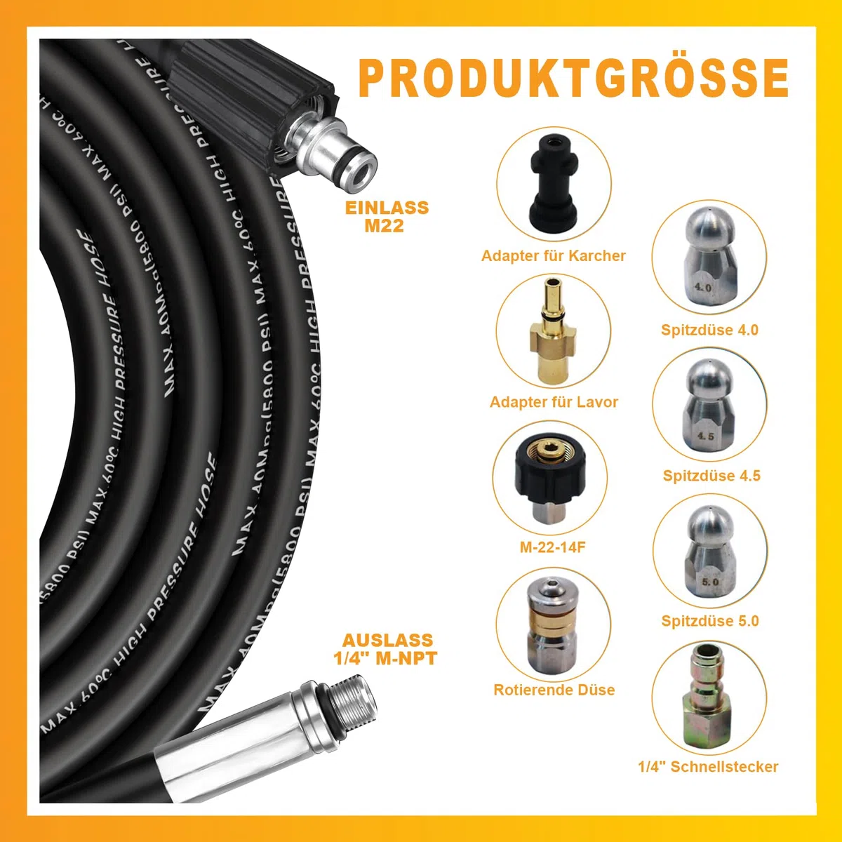 Juego de manguera universal para limpieza de tuberías de 30 m, para limpiadores de alta presión, 5800 PSI/400 bar, incluye boquilla giratoria y boquilla de chorro compatible con Kärcher K2-K7, Bosch