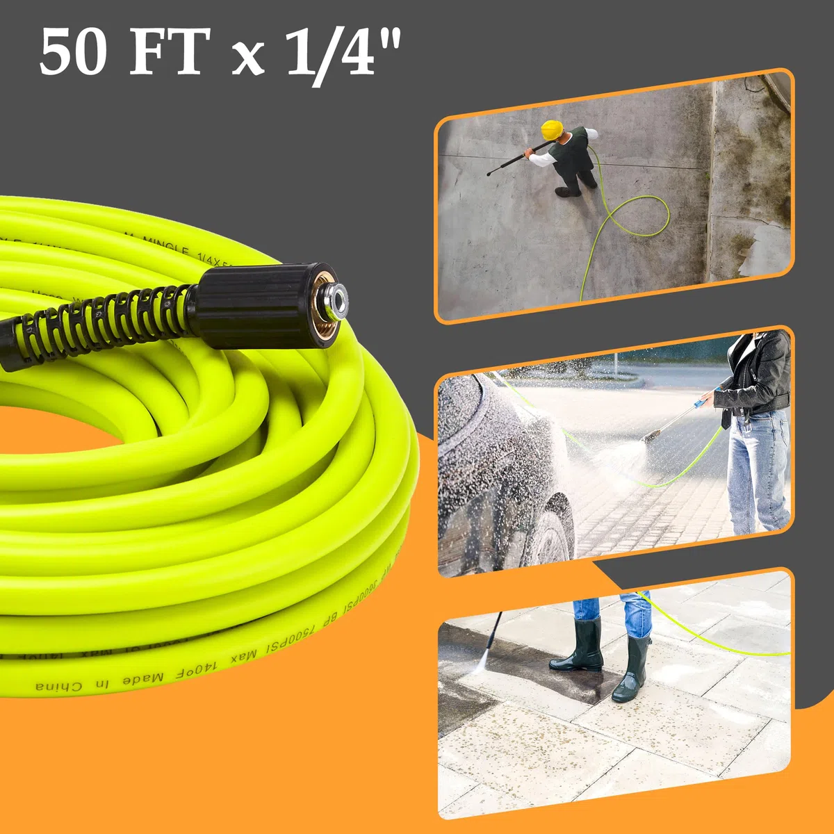 M MINGLE Manguera de lavado a presión de 50 pies x 1/4 pulgadas, manguera de lavado eléctrico de repuesto con juegos de adaptadores de lavadora eléctrica de conexión rápida de acero inoxidable M22 de