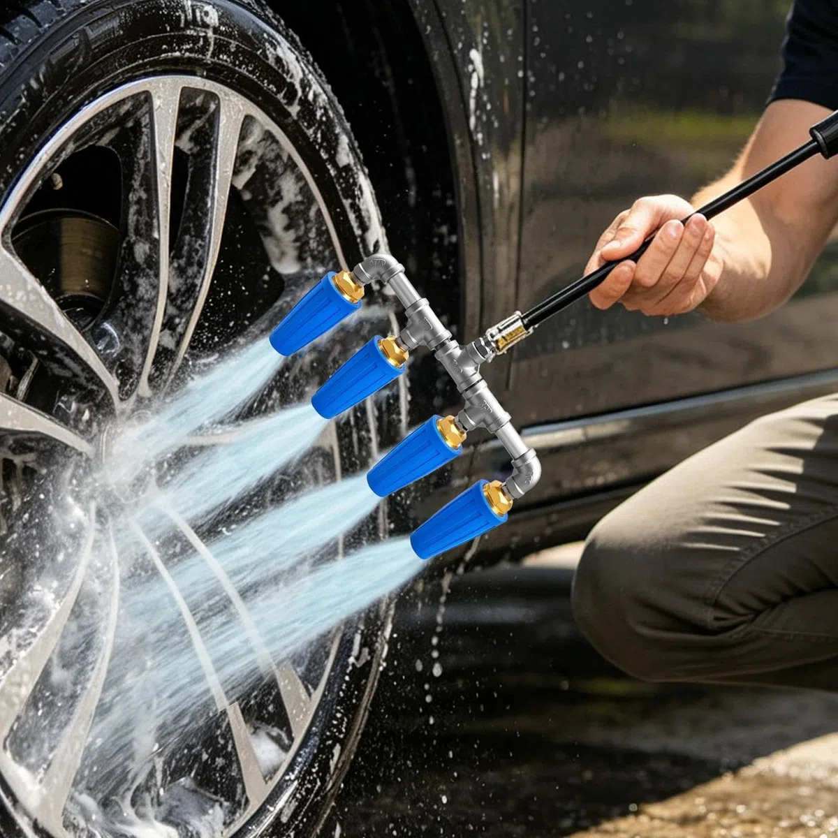 Boquilla Hidro Cuádruple de Acero Inoxidable Resistente al Óxido | Boquilla Manual para Manguera de Alta Presión Para LavadoCoches, Riego, Jardinería, Limpieza Patios,