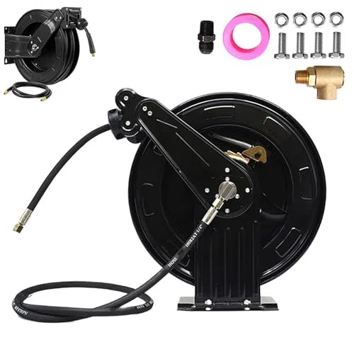 Carrete de manguera de lavado a presión, retráctil automático con función de parada y soporte de pared para una fácil limpieza de agua, aire y aceite