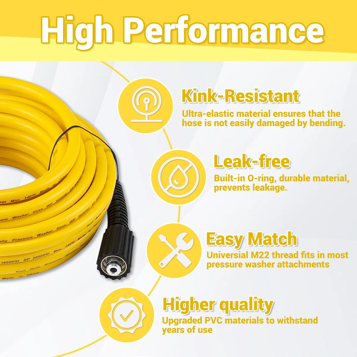 Tool Daily Manguera de lavado a presión de 100 pies x 1/4 pulgadas, manguera de extensión de repuesto para lavadora eléctrica con ajuste M22 de 14 mm, resistente a torceduras, kit de conexión rápida