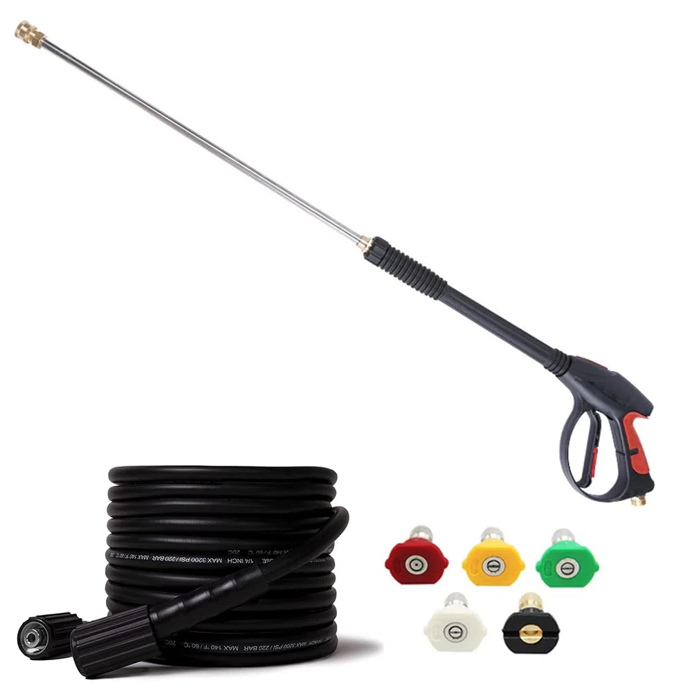 Kit de pistola y manguera de lavado a presión, kit de repuesto de pistola de lavado a presión de alta potencia de 3000 PSI con manguera de 26 pies, varita de extensión de 21 pulgadas y 5 puntas