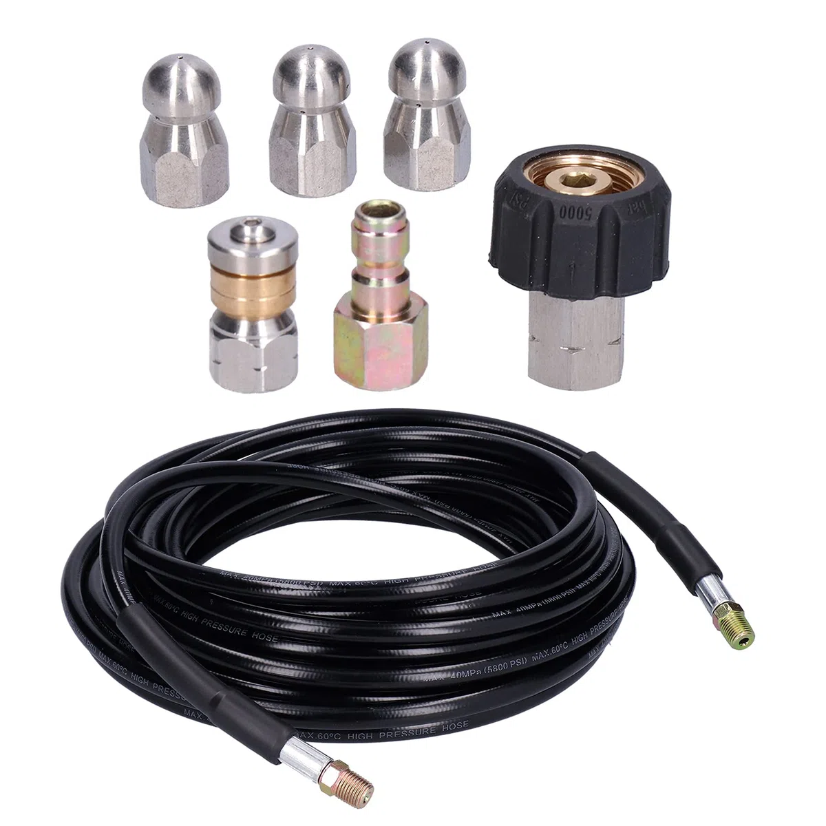 Womamaxsc Kit de Limpieza de desagües con Manguera para hidrolavadora, Manguera de 10 Metros para hidrolavadora con Conector rápido y 3 boquillas, para el Lavado de desagües en Interiores y