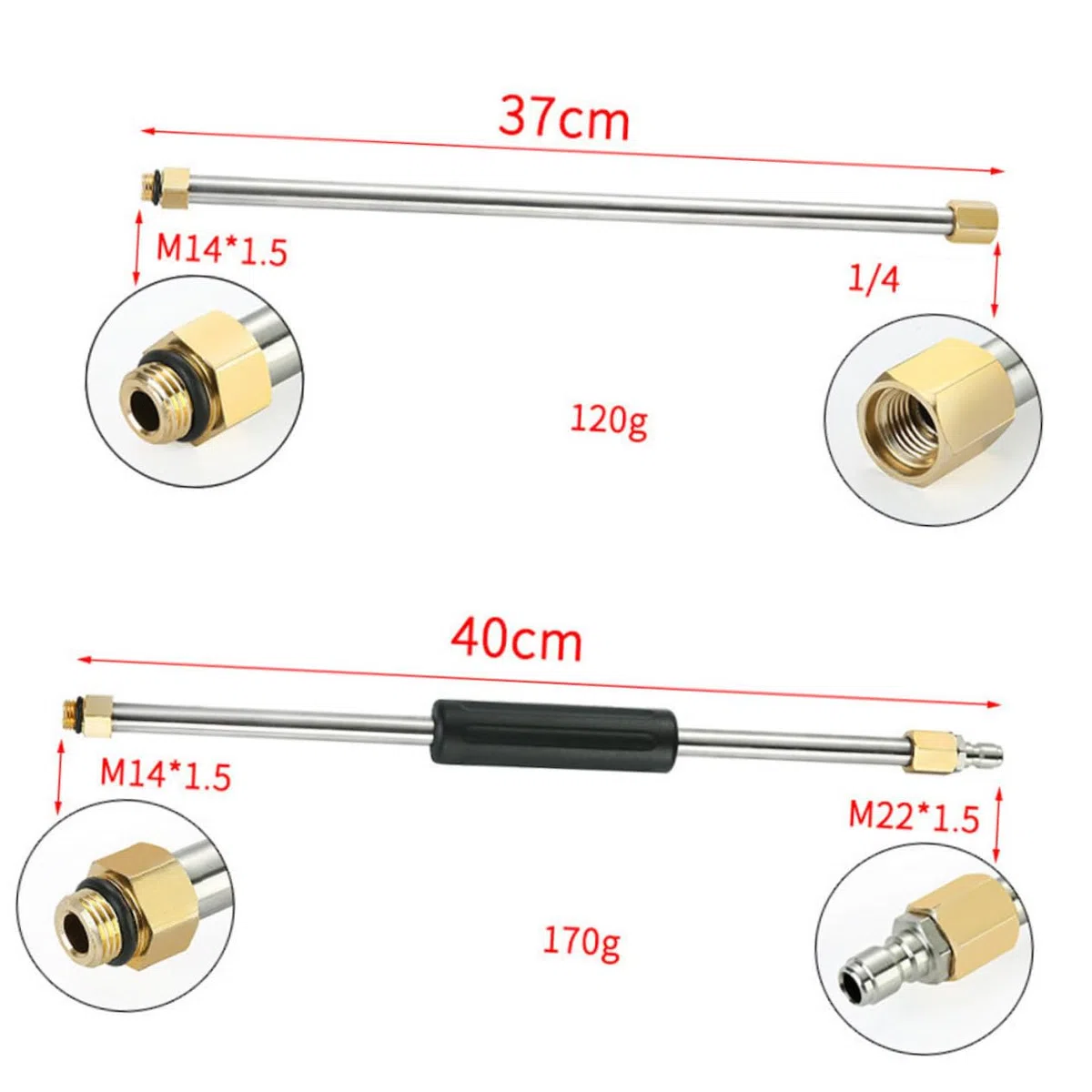 Varilla de Canaleta para Lavadora 6 Piezas Acero Inoxidable 14 Mm | Conector Rápido de 1/4 de Pulgada, Extensión para Lavado de Coches y Limpieza de Muros